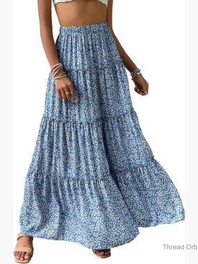 Floral Print Elastic High Waist Pleated Ruffle Long Skirt